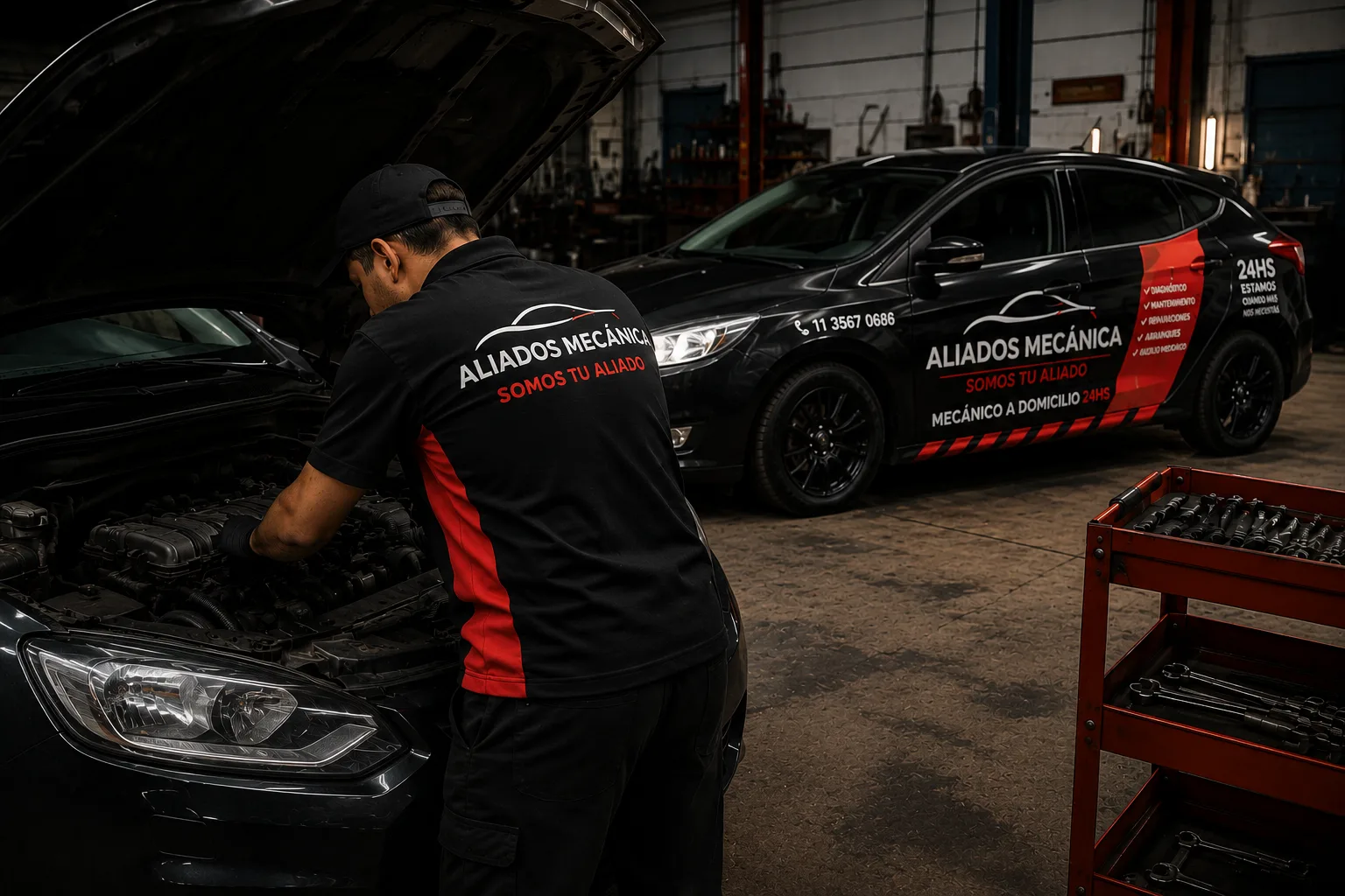 Mecánico de Aliados Mecánica® evaluando un vehículo